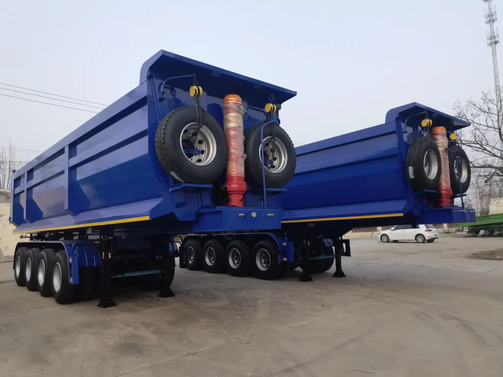 Front three-quarter view of the 4 axle air suspension dump trailer